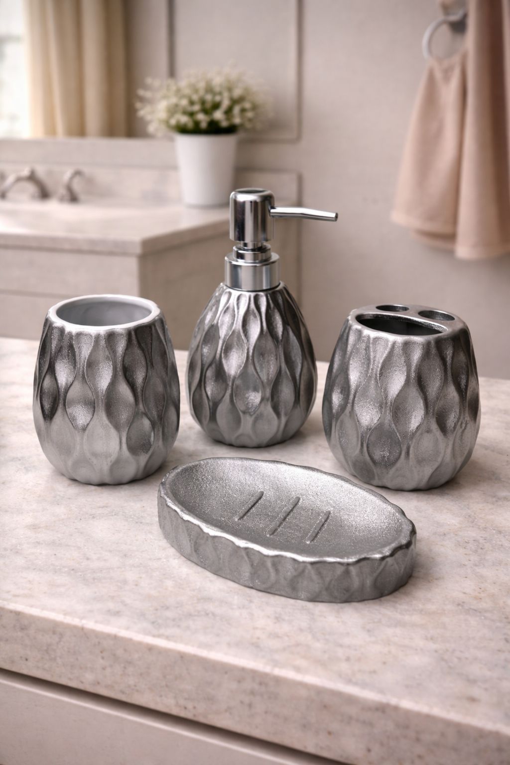 Shop the TIA Artisanal Rippled Metallic 4-Piece Bathroom Accessory