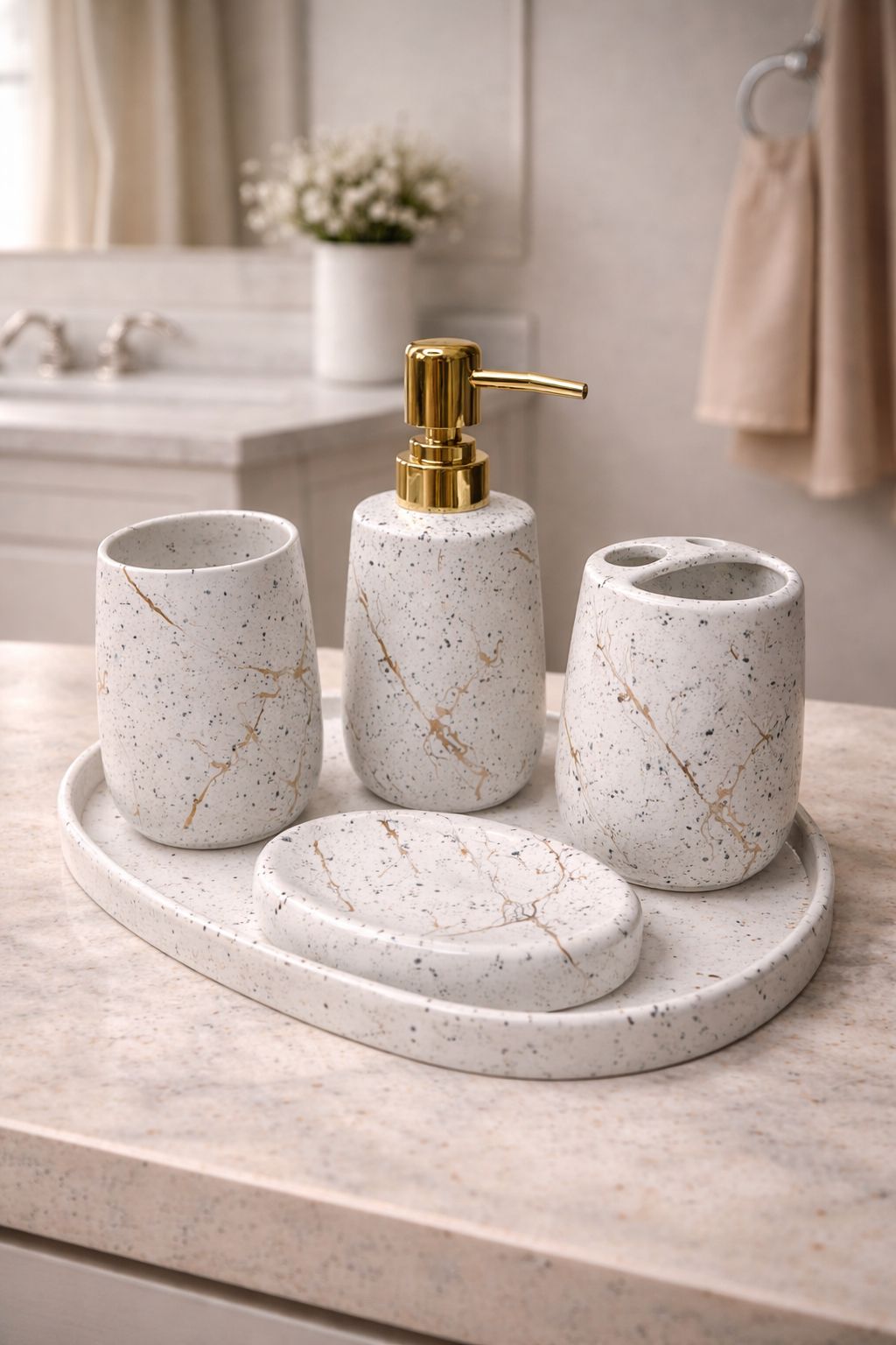 Shop the TIA Modern Gilded Speckle 4-Piece Bathroom Accessory Set – TIA