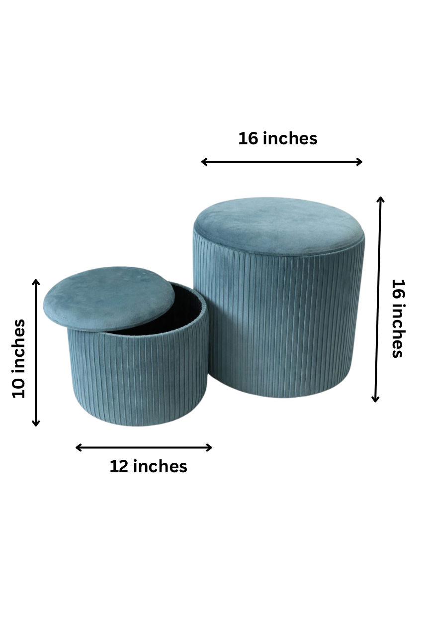 Azure Velvet Ribbed Storage Ottoman Combo (Set of 2)
