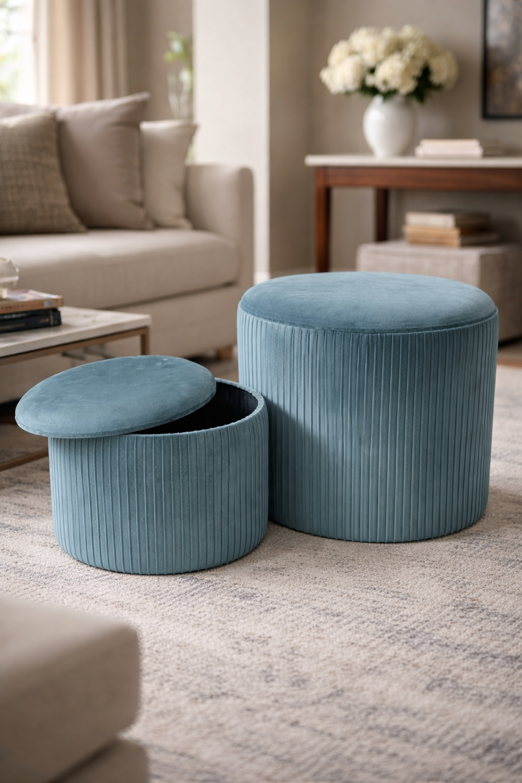 Azure Velvet Ribbed Storage Ottoman Combo (Set of 2)