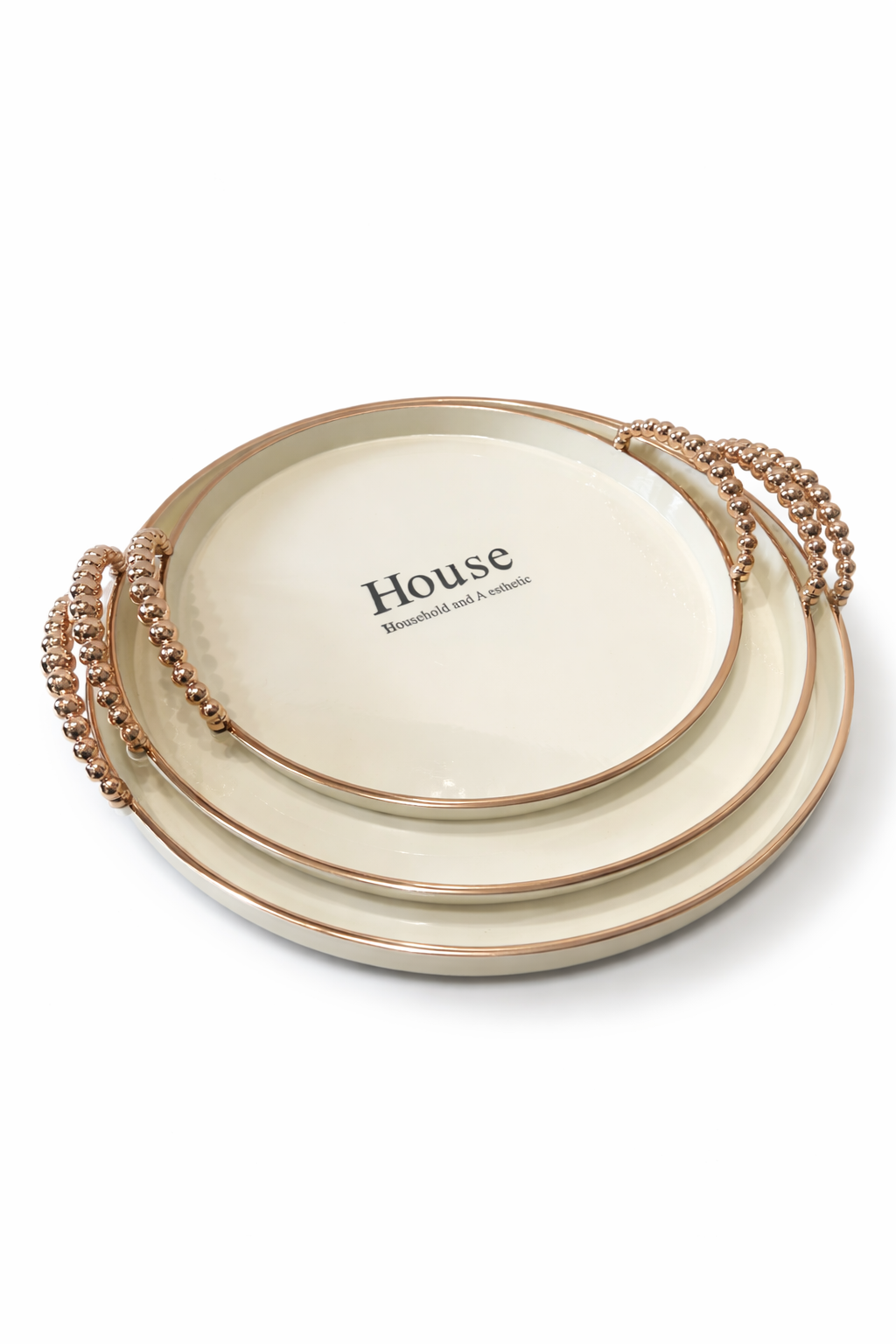 Minimalist Cream & Rose Gold Beaded Serving Tray Set - Set of 3