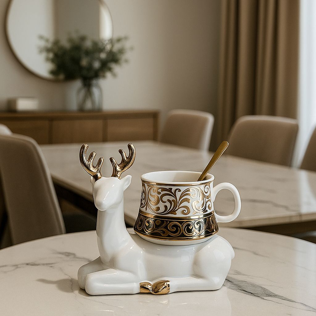 Antler Brew Ceramic Cup with Deer Base – White & Gold