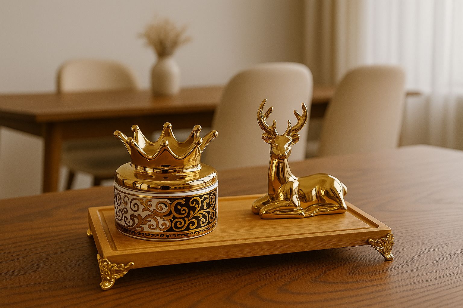 Antler Saunf Ceramic Jar Set with Deer & Tray – Gold & White