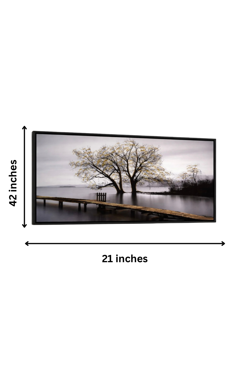 Ethereal Waters: Golden Autumn Tree & Pier Luxe Wall Frame