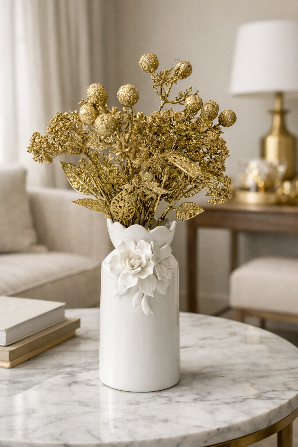 Floral Grace White Ceramic Vase with Gilded Foliage
