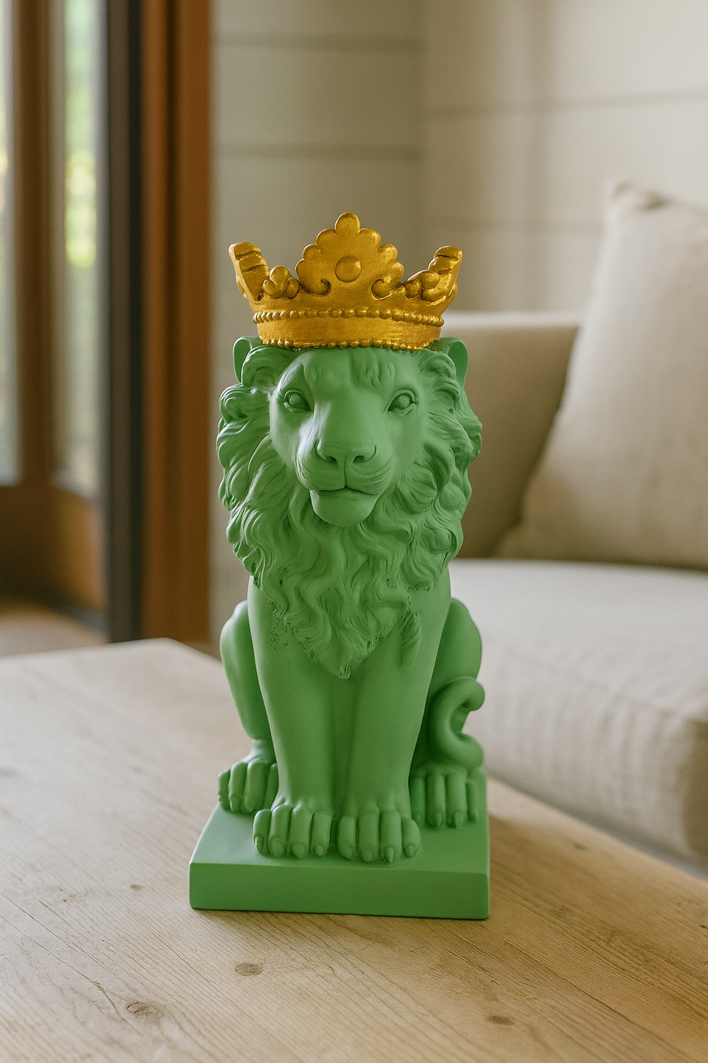Compact Sage-Toned Royal Lion Sculpture with Antique Gold Crown