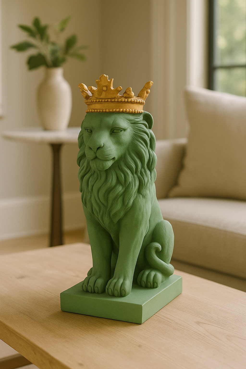 Regal Sage Green Lion Sculpture with Golden Crown