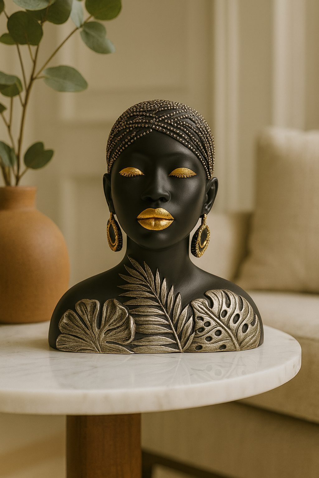 Abstract Matte Black Bust with Tropical Leaf & Gold Accents