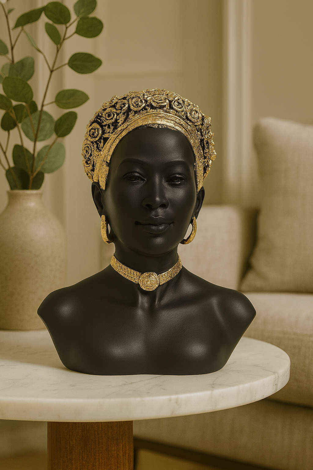 Striking Matte Black Sculptural Bust with Gold Floral Wreath