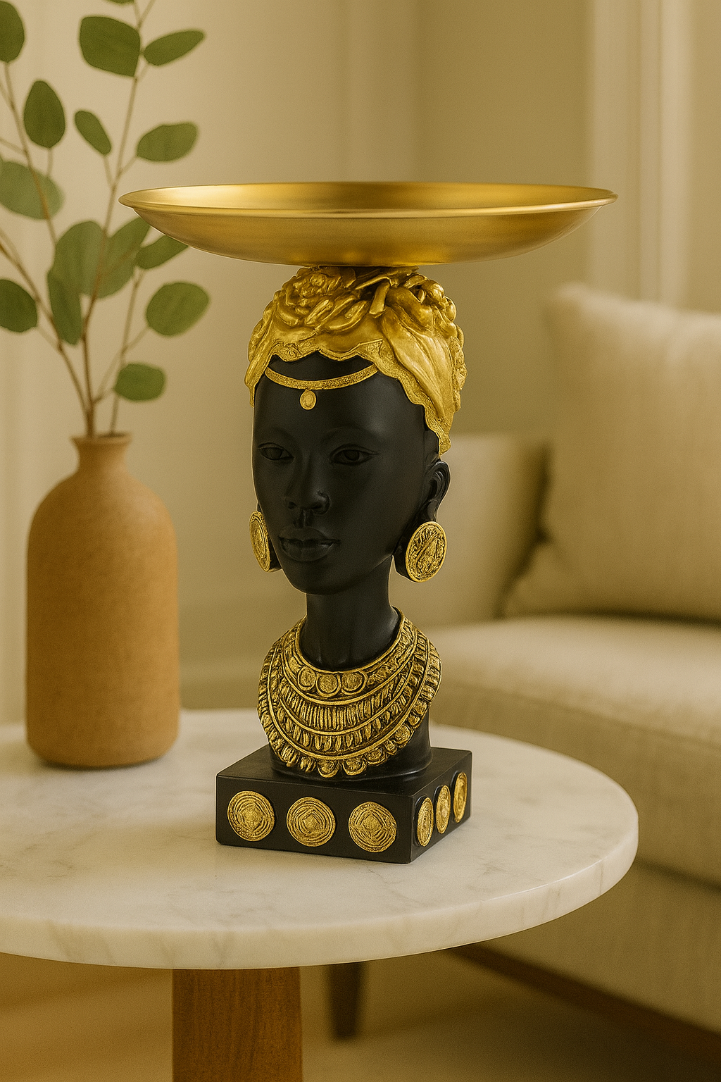 Elegant Black and Gold Sculptural Head with Offering Dish