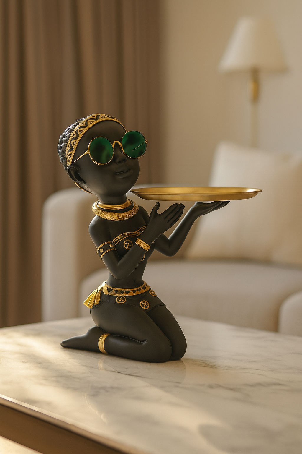 Kneeling Tribal Figurine with Gold Platter – Luxe Artisan Decor Accent