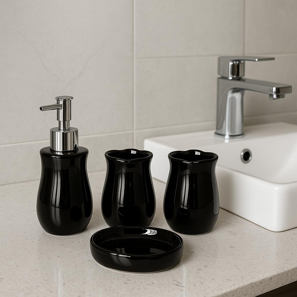 Curvy Black Ceramic Bathroom Set – 4 Piece
