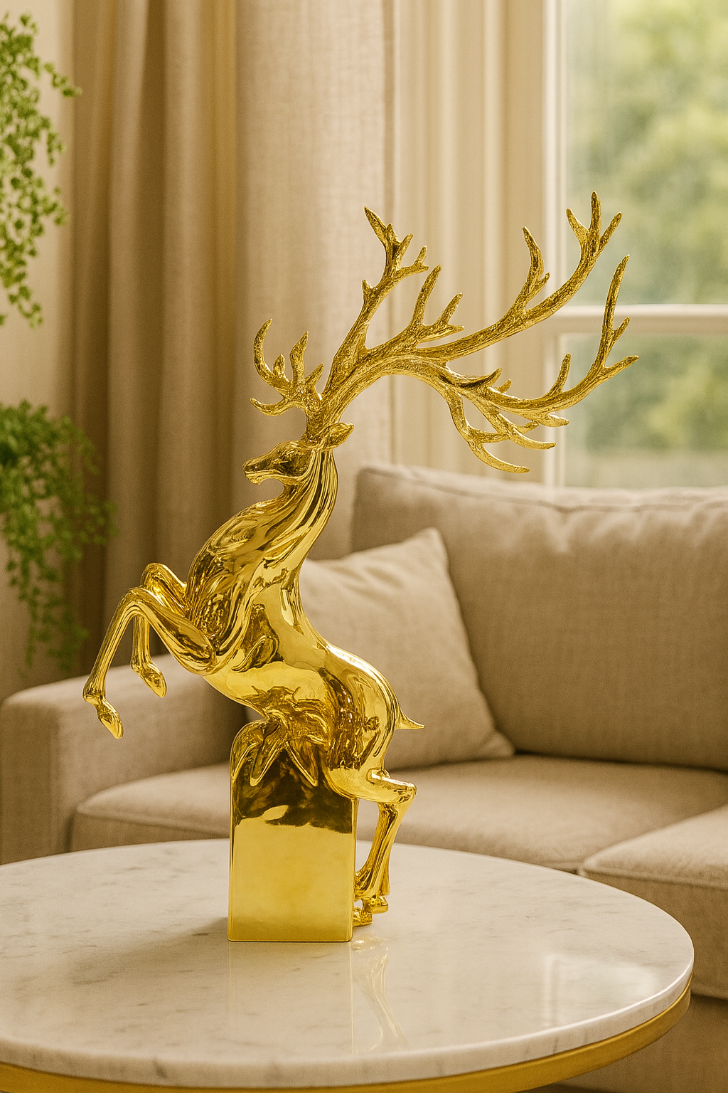 Majestic Golden Rearing Stag Sculpture with Grand Antlers