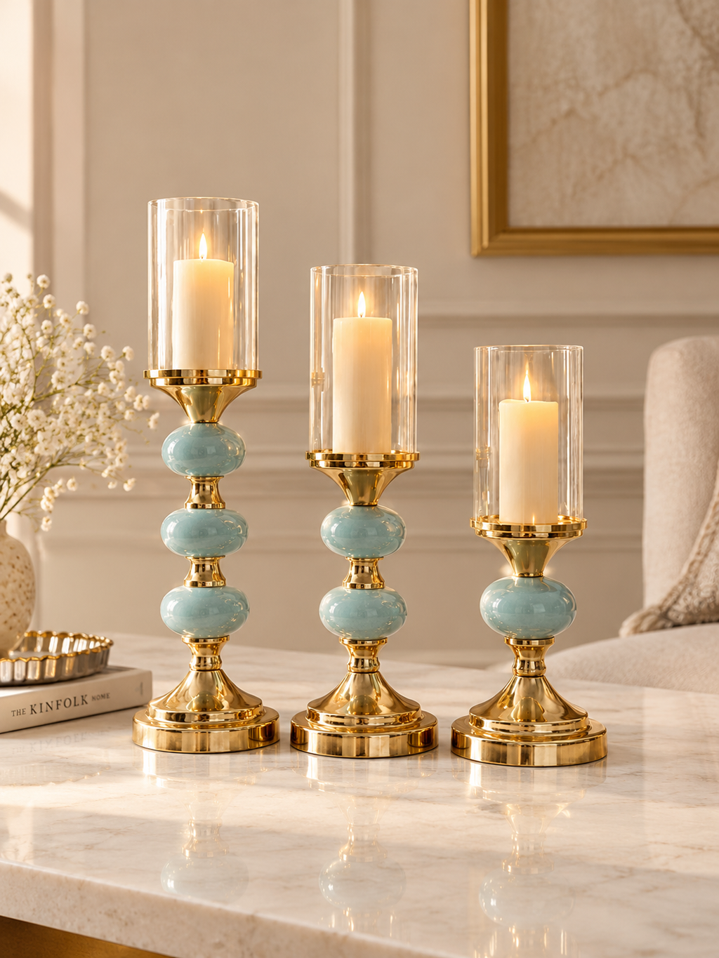 Aqua Ceramic & Gold Pillar Candle Holder Set with Glass Hurricanes
