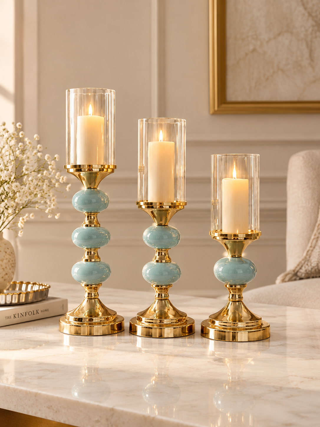 Aqua Ceramic & Gold Pillar Candle Holder Set with Glass Hurricanes