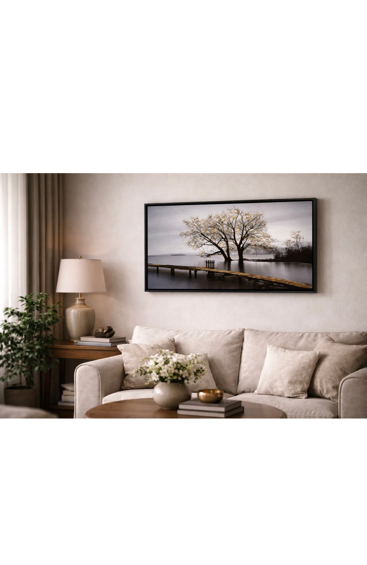 Ethereal Waters: Golden Autumn Tree & Pier Luxe Wall Frame