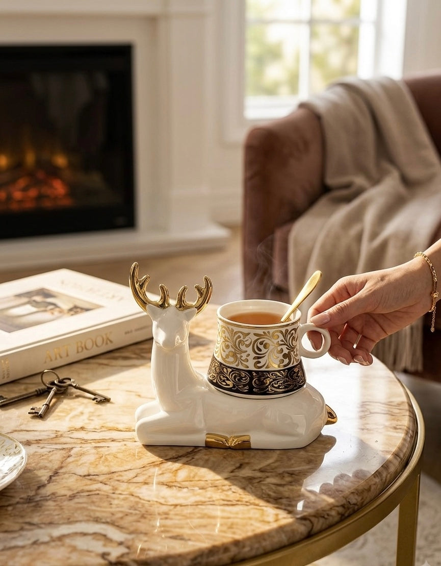 Antler Brew Ceramic Cup with Deer Base – White & Gold