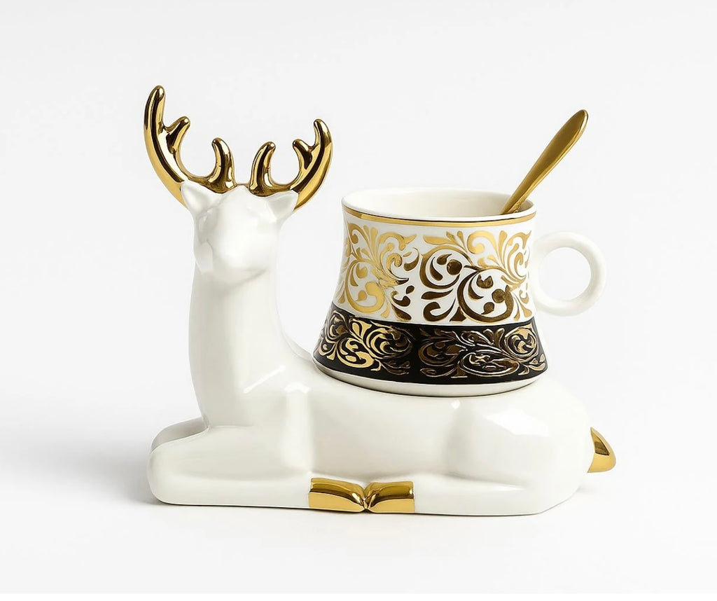 Antler Brew Ceramic Cup with Deer Base – White & Gold