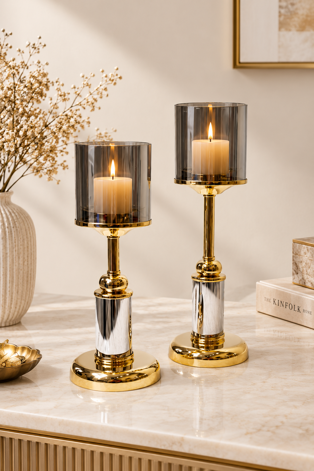 Modern Gold & Smoke Grey Hurricane Candle Holder Set