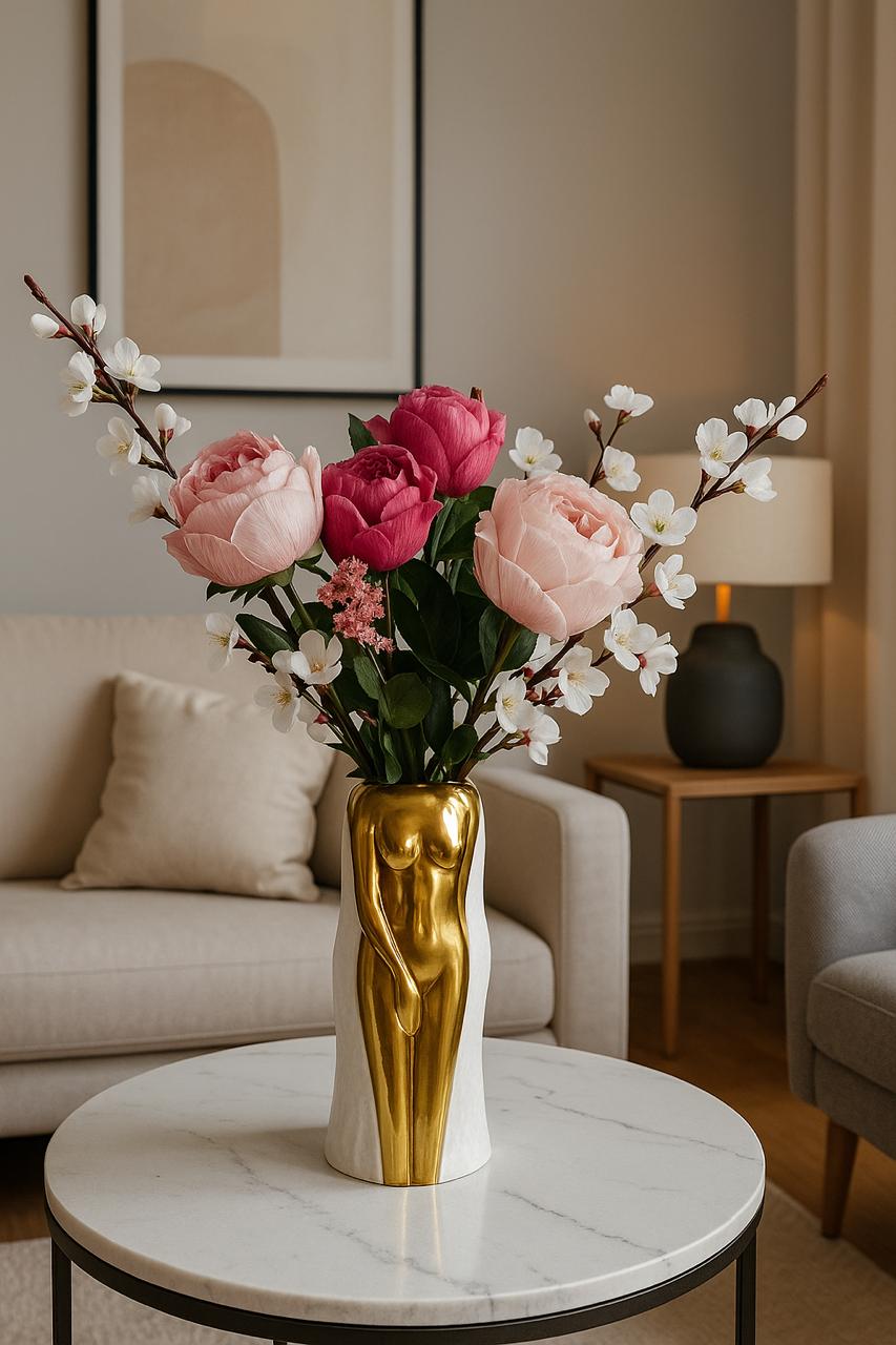 Golden Grace Sculptural Ceramic Vase – Gold & White