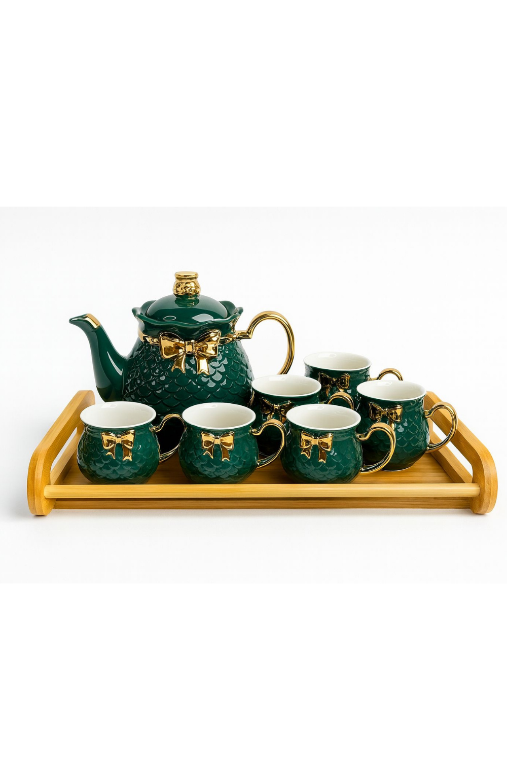 Luxury Emerald Green Tea Set with Gold Bow Accents