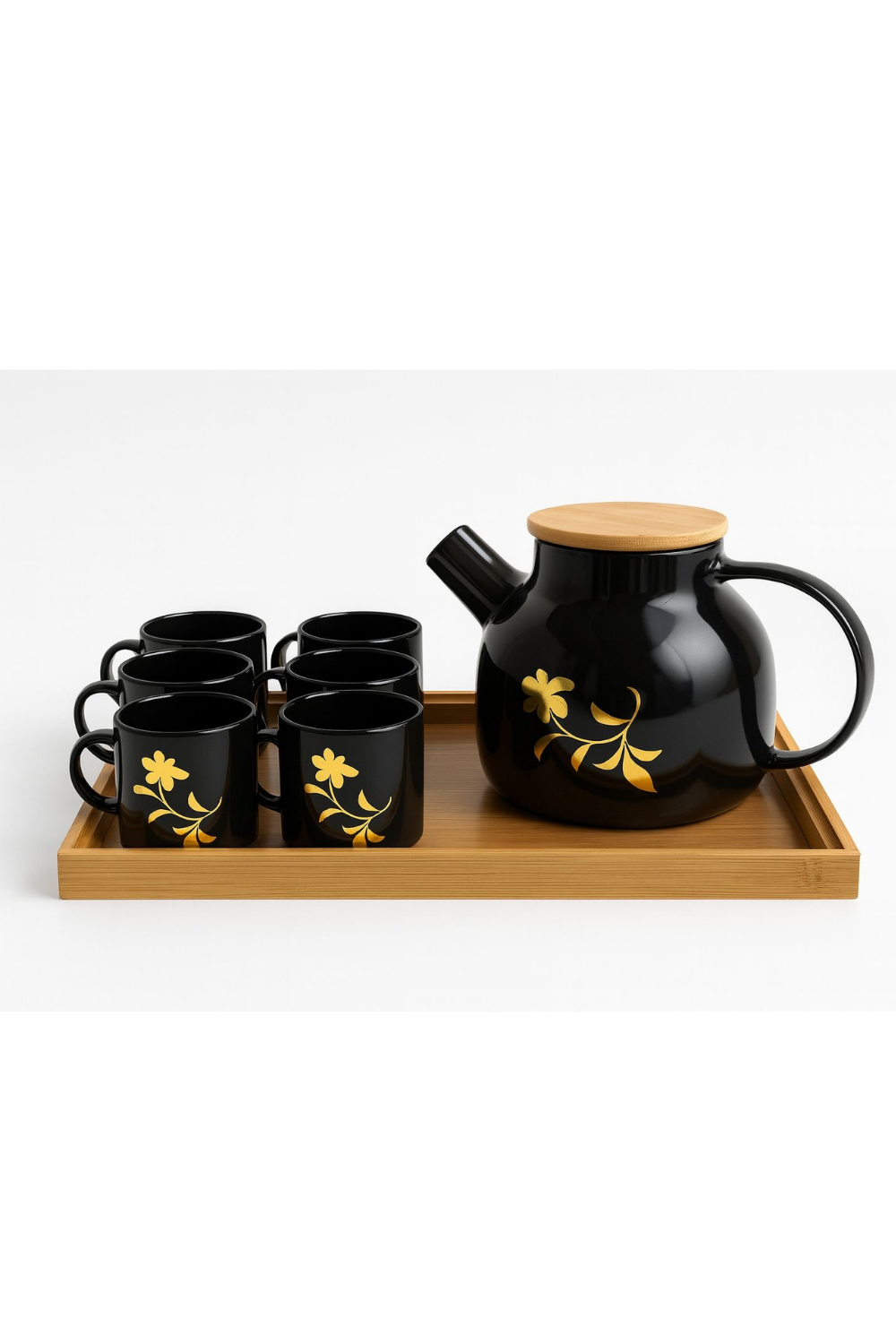 Black & Gold Floral Tea Set with Bamboo Serving Tray