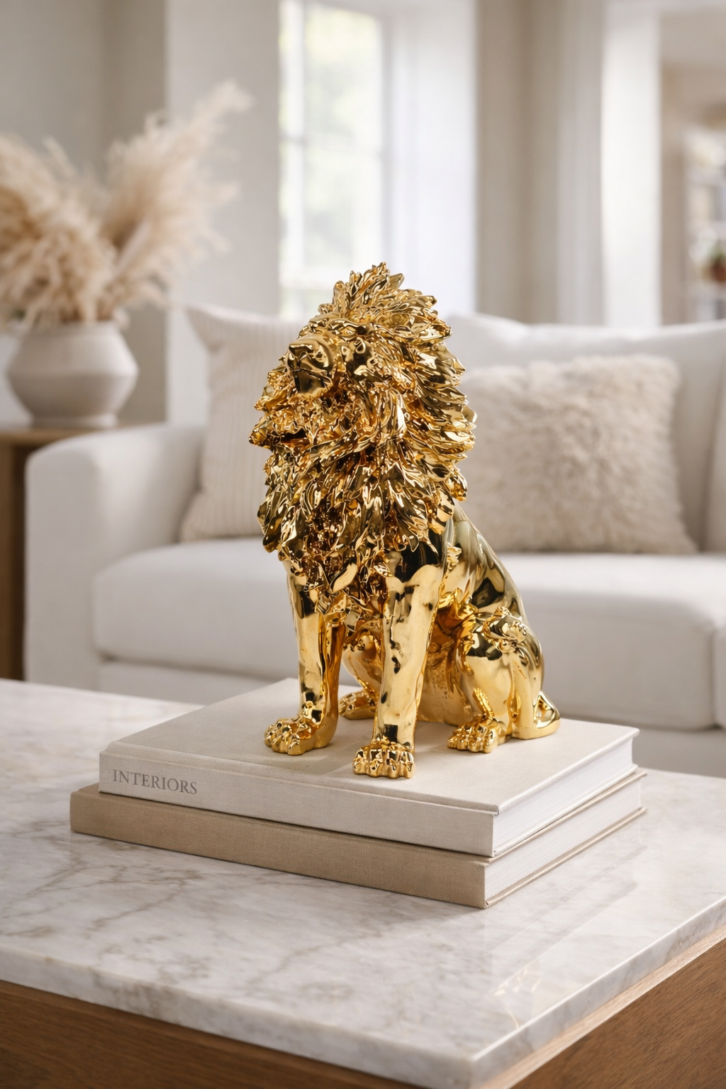 Majestic Golden Lion: Handcrafted Seated Lion Artefact
