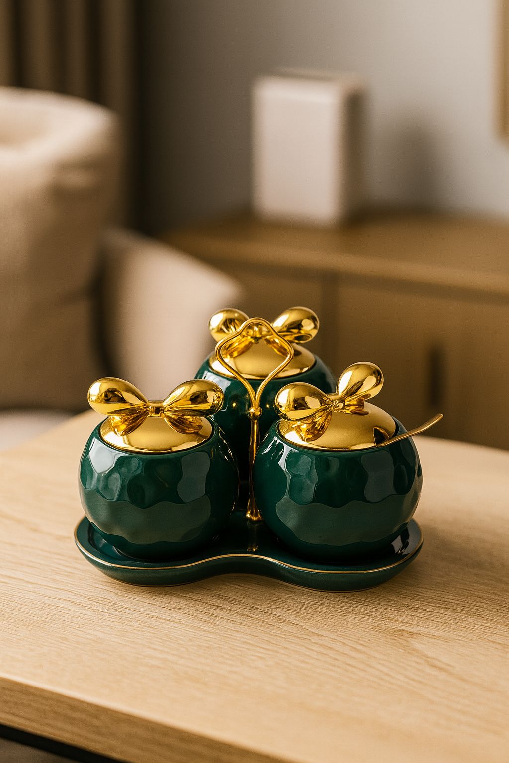 Emerald Bow Delight Jar Set – 3-Piece Ceramic Serveware