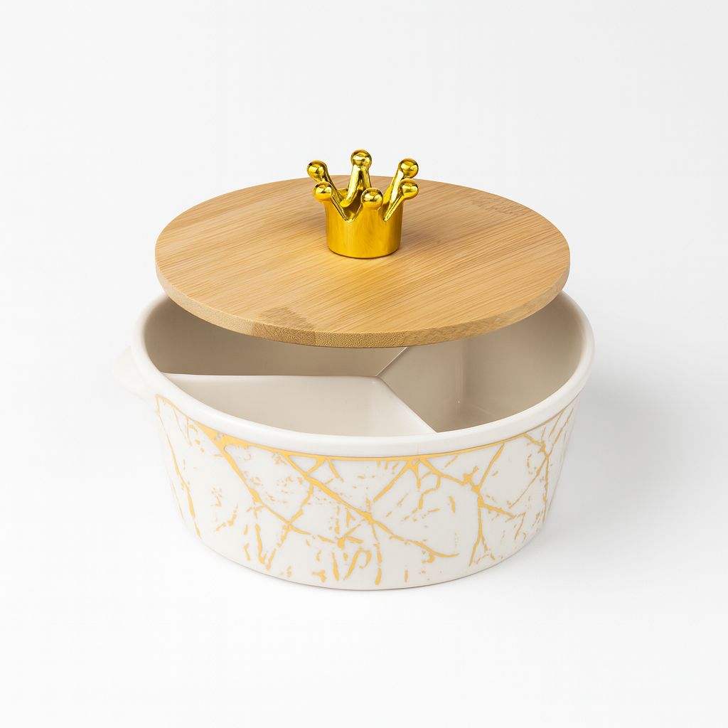 Crown Marble Snack Jar – White & Gold Ceramic with Bamboo Lid