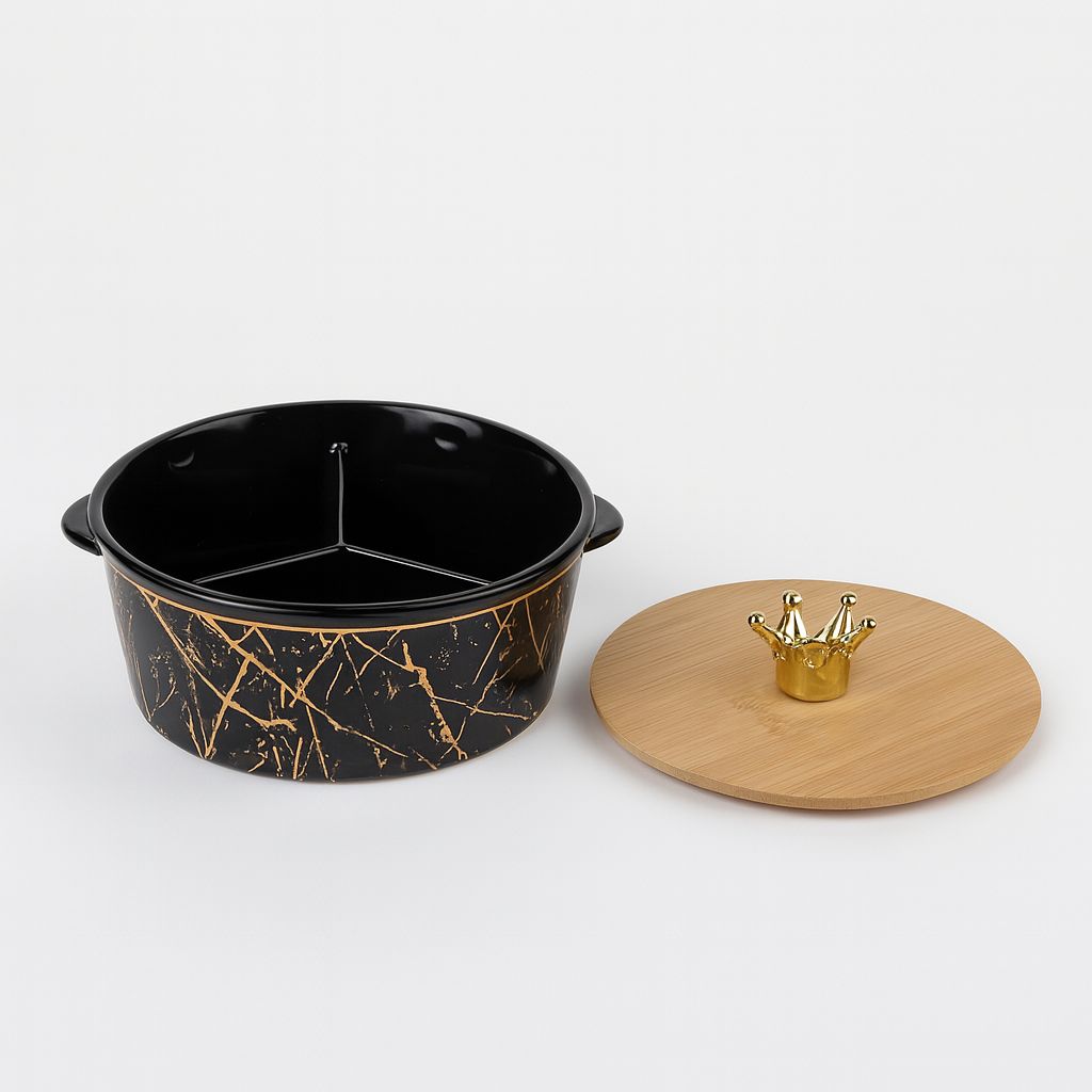 Crown Marble Snack Jar – Black & Gold Ceramic with Bamboo Lid