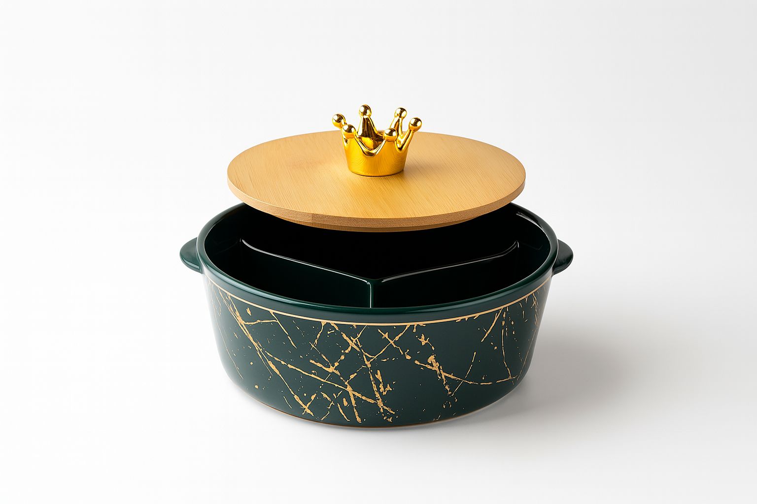 Crown Marble Snack Jar – Emerald & Gold Ceramic with Bamboo Lid