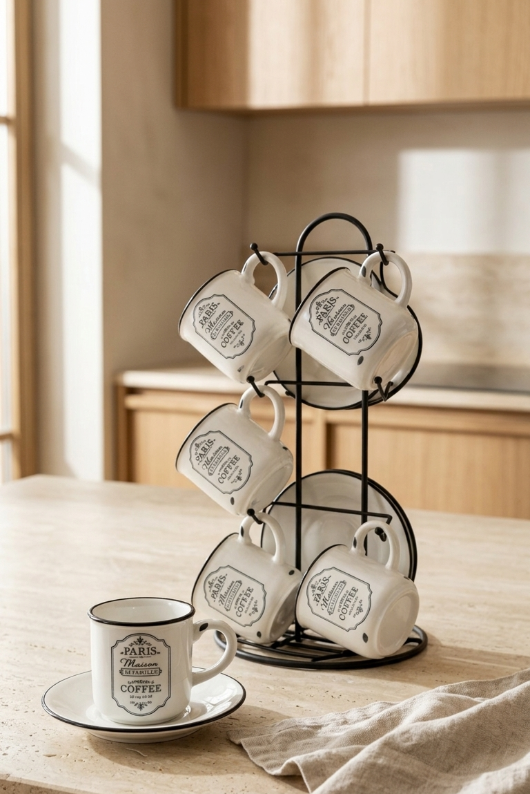 "Paris Maison" 12-Piece Espresso Cup and Saucer Set with Display Stand