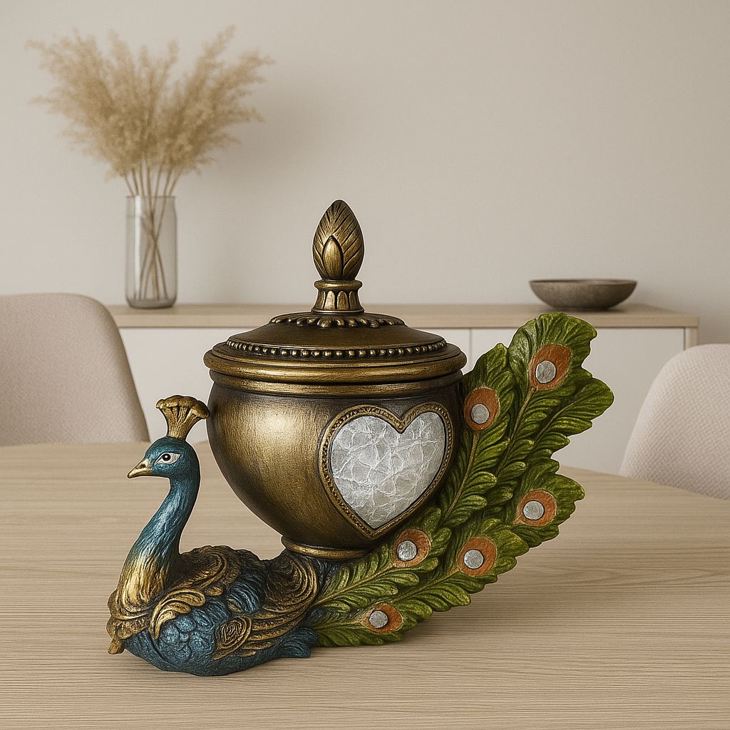 Peacock Resin Jar – Antique Bronze with Blue & Green Accents