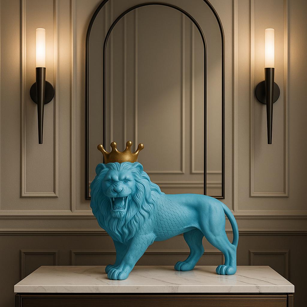 Textured Teal Lion Figurine with Stylized Golden Crown