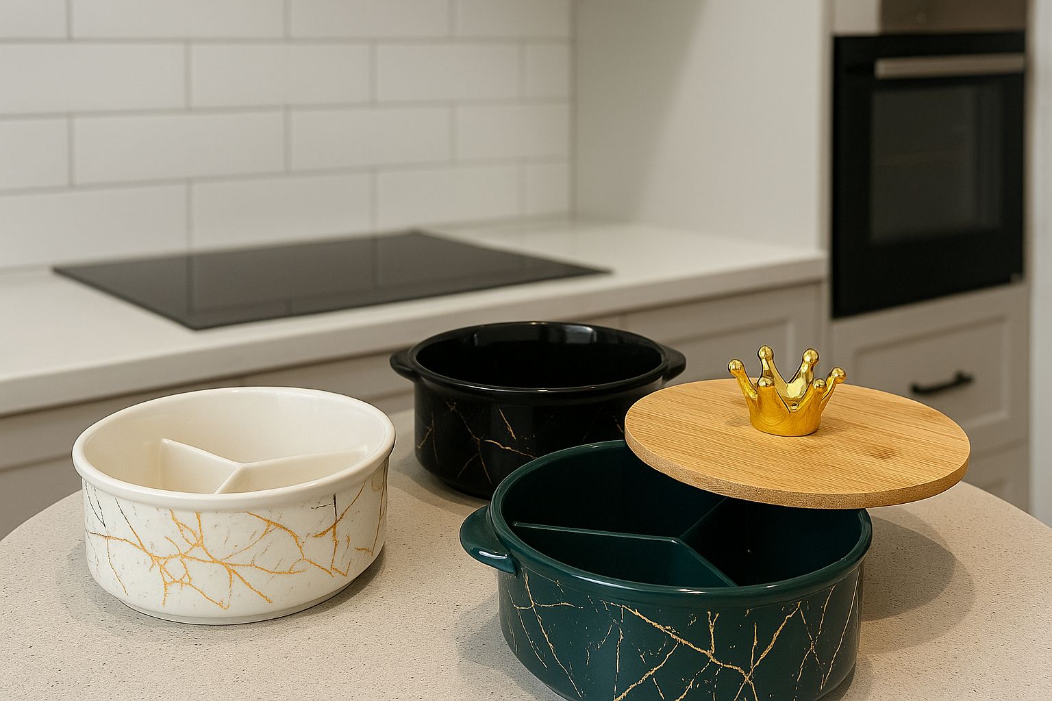 Snack Sovereign Ceramic Serving Set with Crown Lid – Black, Green & White