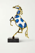 Golden Stallion Sculpture with Blue Crystal Inlays – Luxe Modern Decor Accent