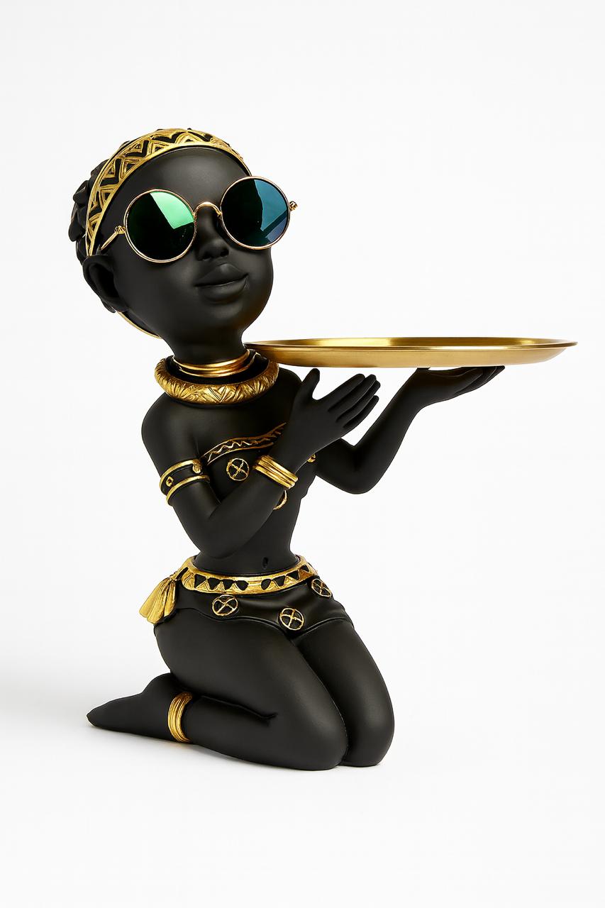 Kneeling Tribal Figurine with Gold Platter – Luxe Artisan Decor Accent
