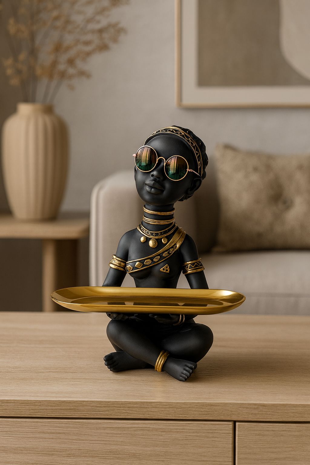 Sculpted Luxe Gold Tray Figurine – Noir Elegance