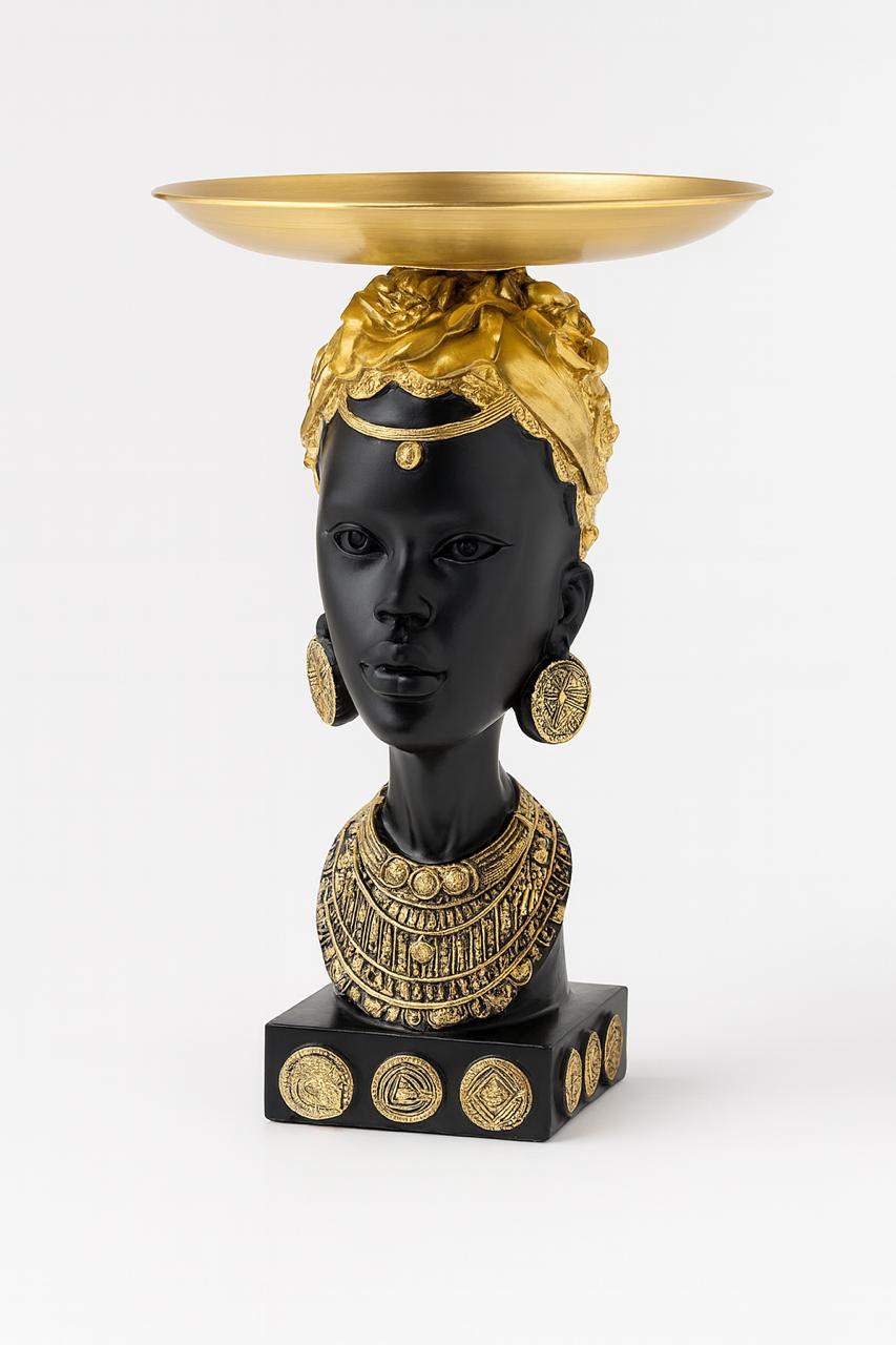 Elegant Black and Gold Sculptural Head with Offering Dish