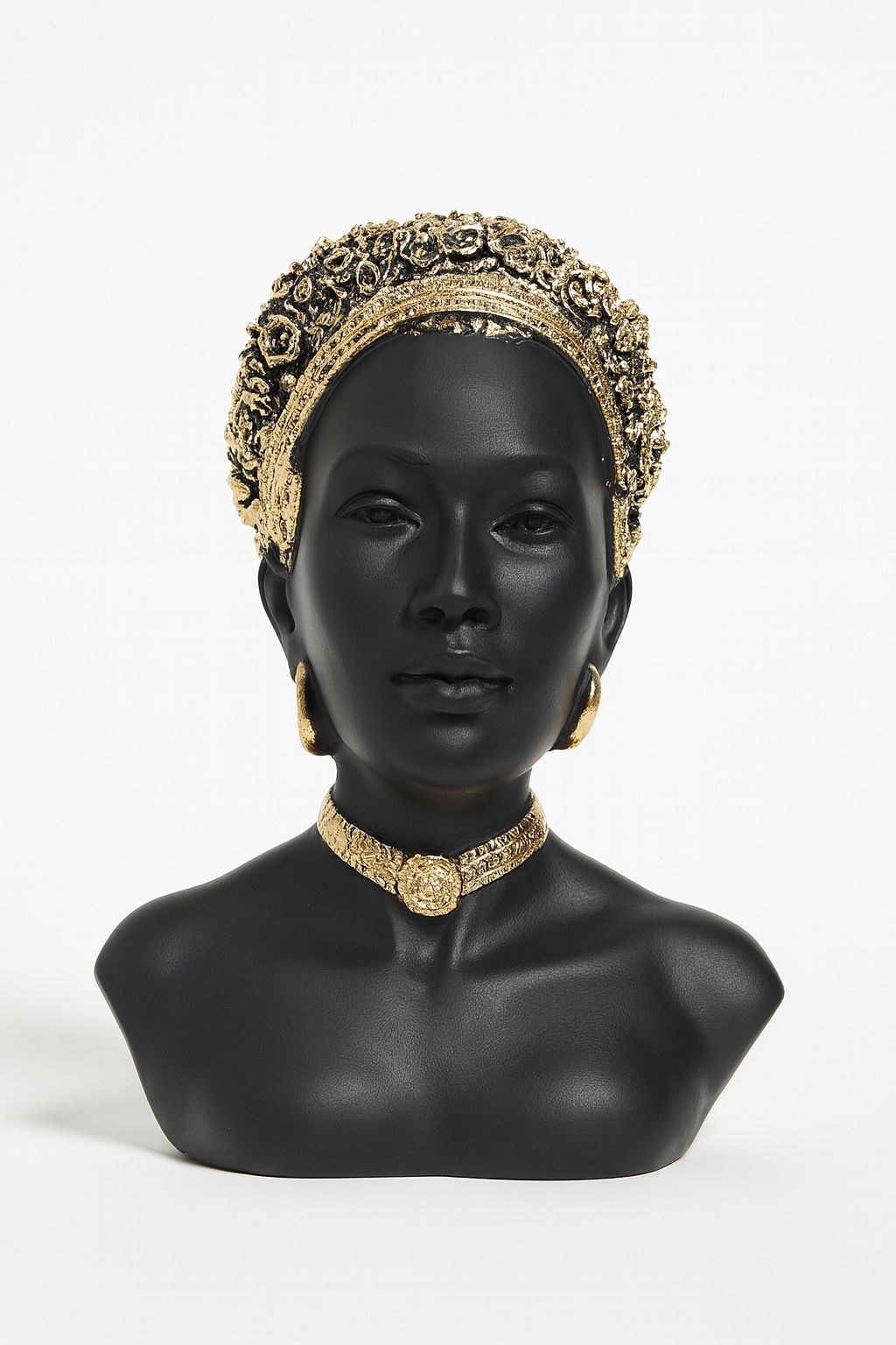 Striking Matte Black Sculptural Bust with Gold Floral Wreath