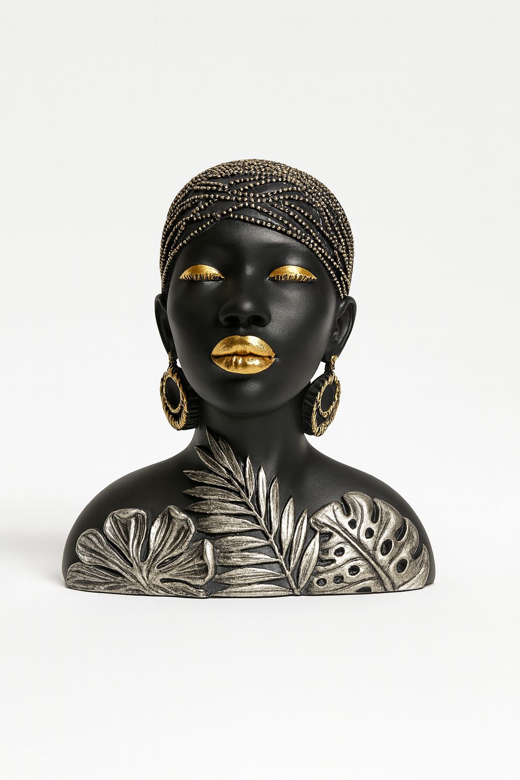 Abstract Matte Black Bust with Tropical Leaf & Gold Accents