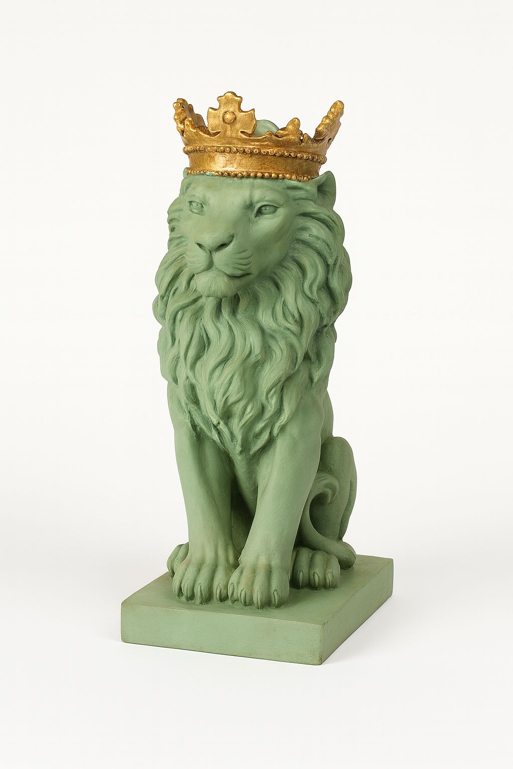 Regal Sage Green Lion Sculpture with Golden Crown