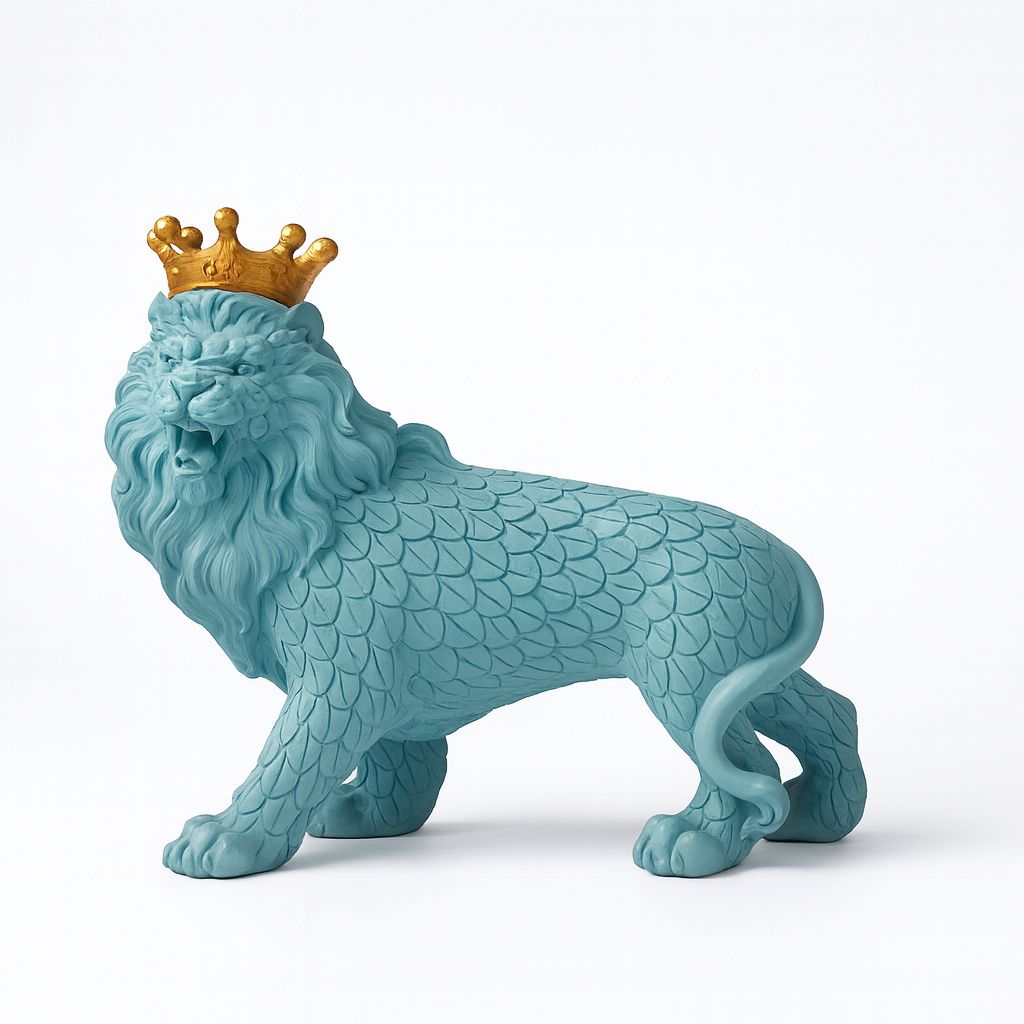 Textured Teal Lion Figurine with Stylized Golden Crown