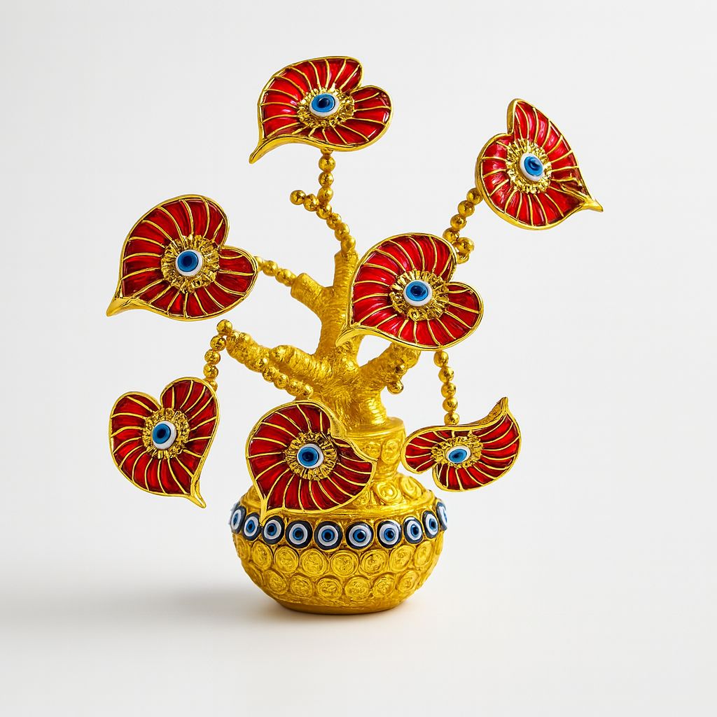 Auspicious Gold Bodhi Tree with Enamel Red Evil Eye Leaves