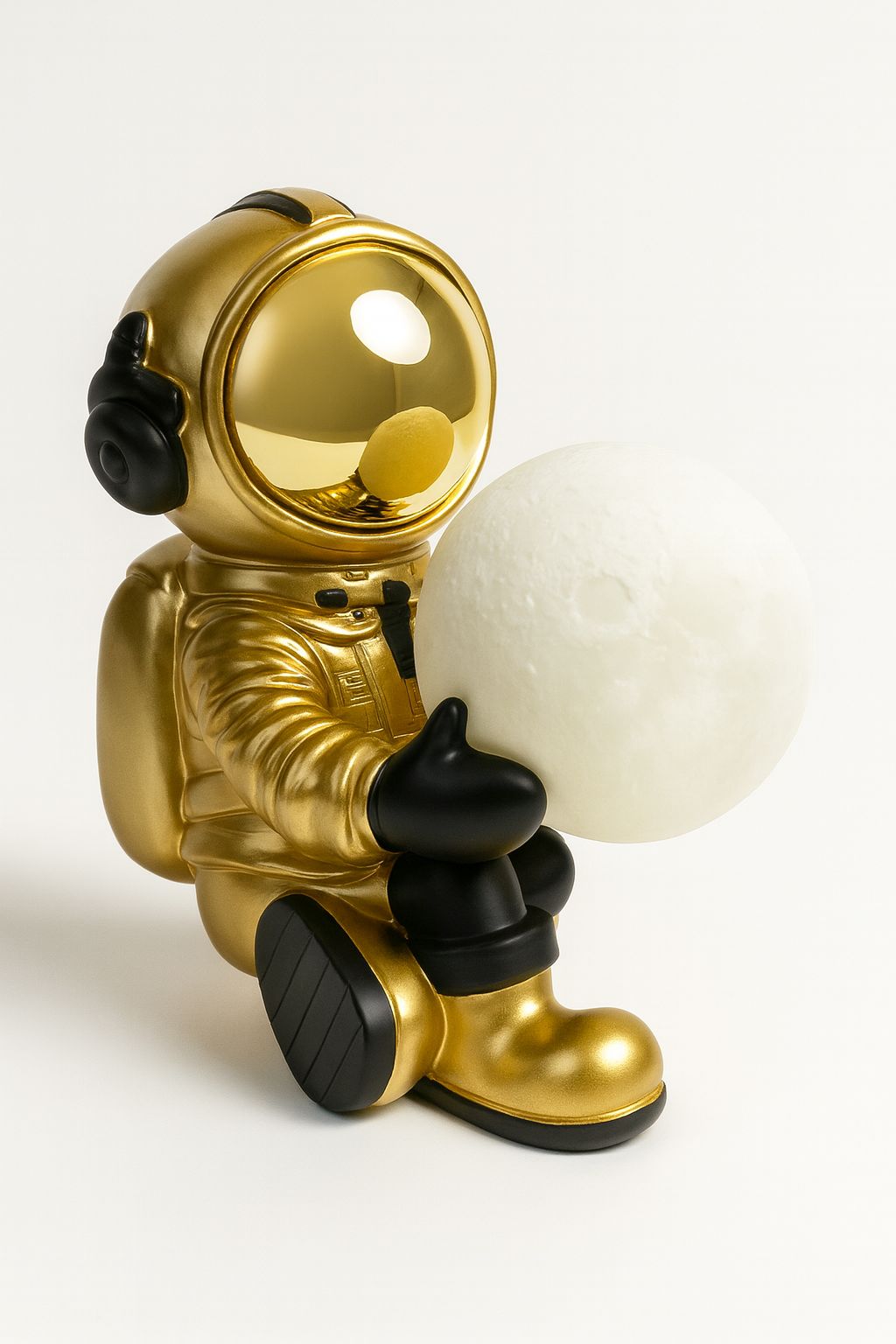 Celestial Gold Astronaut Figurine with Glowing Moon Orb