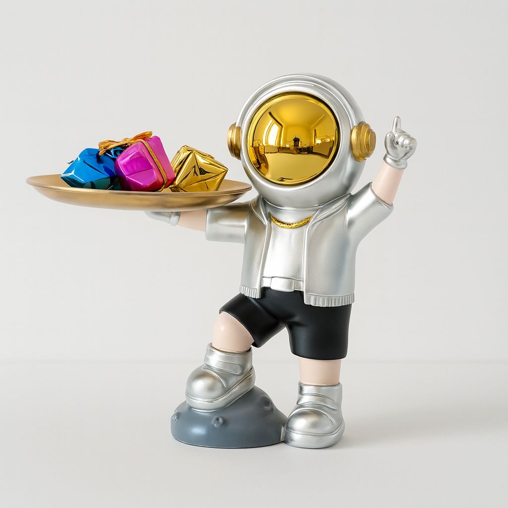 Metallic Silver Astronaut Kid Figure with Serving Platter