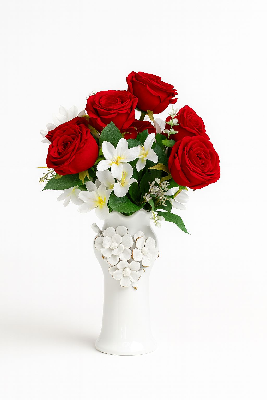 Ivory Bloom Ceramic Vase – White Floral Embellished