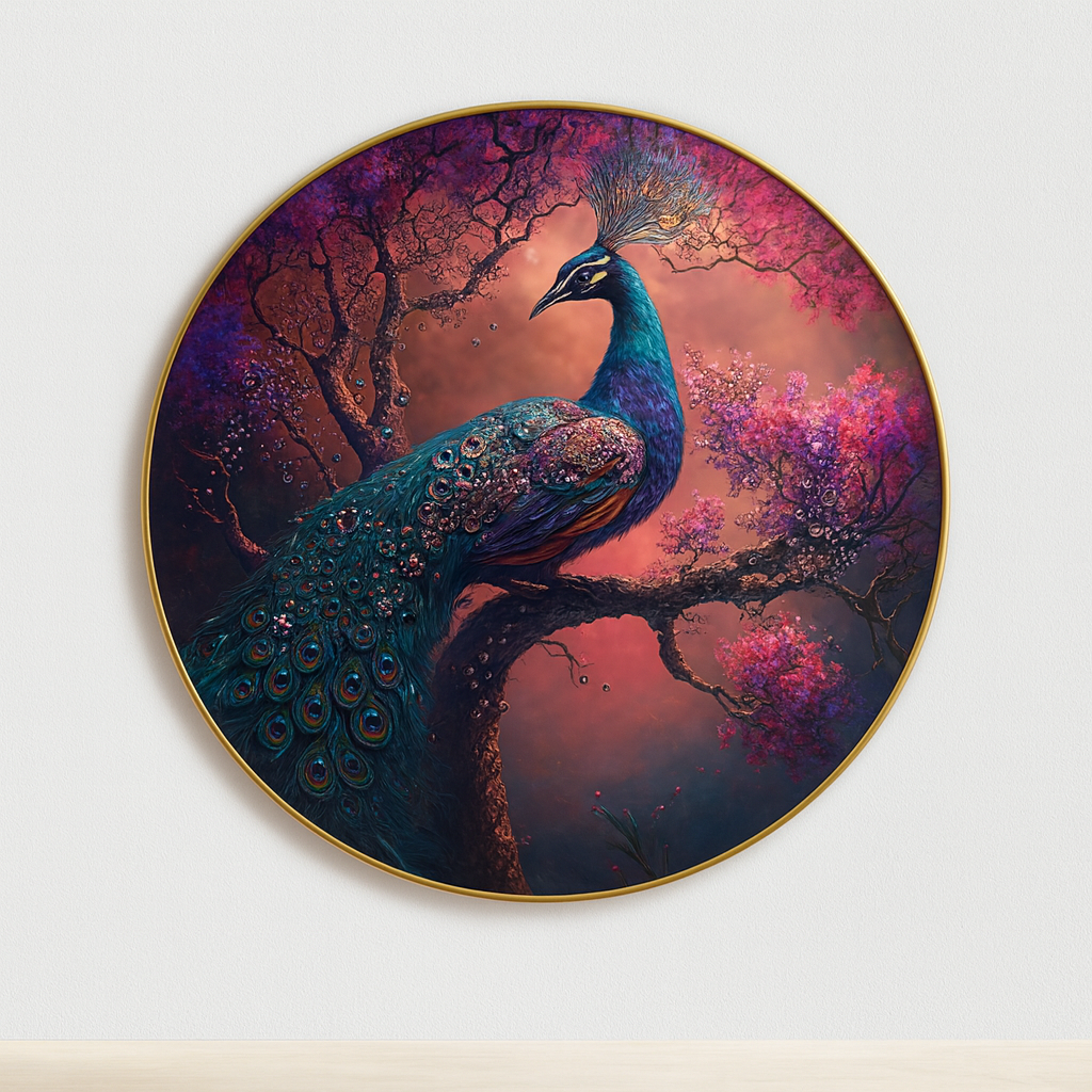 Ethereal Peacock in Amethyst Blossom Tree Round Art