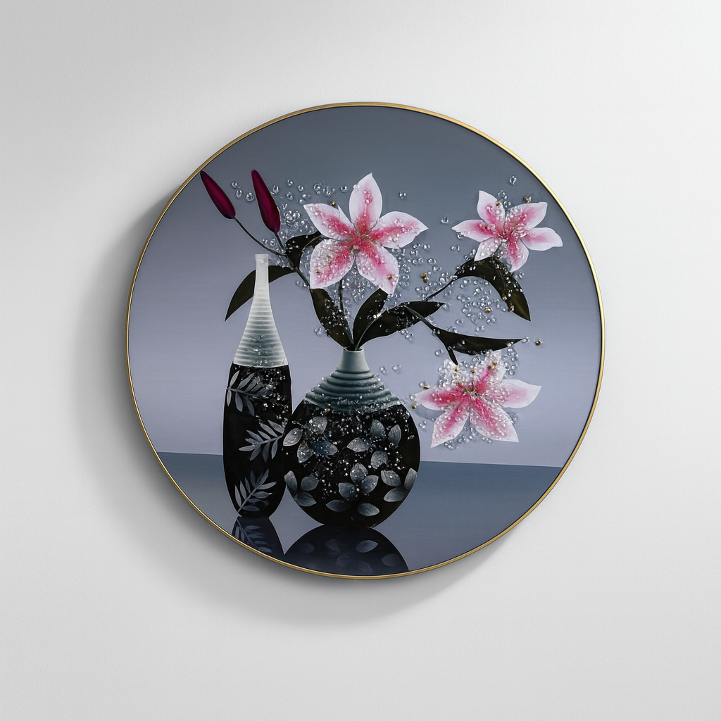 Contemporary Pink Lily Floral Still Life Round Art