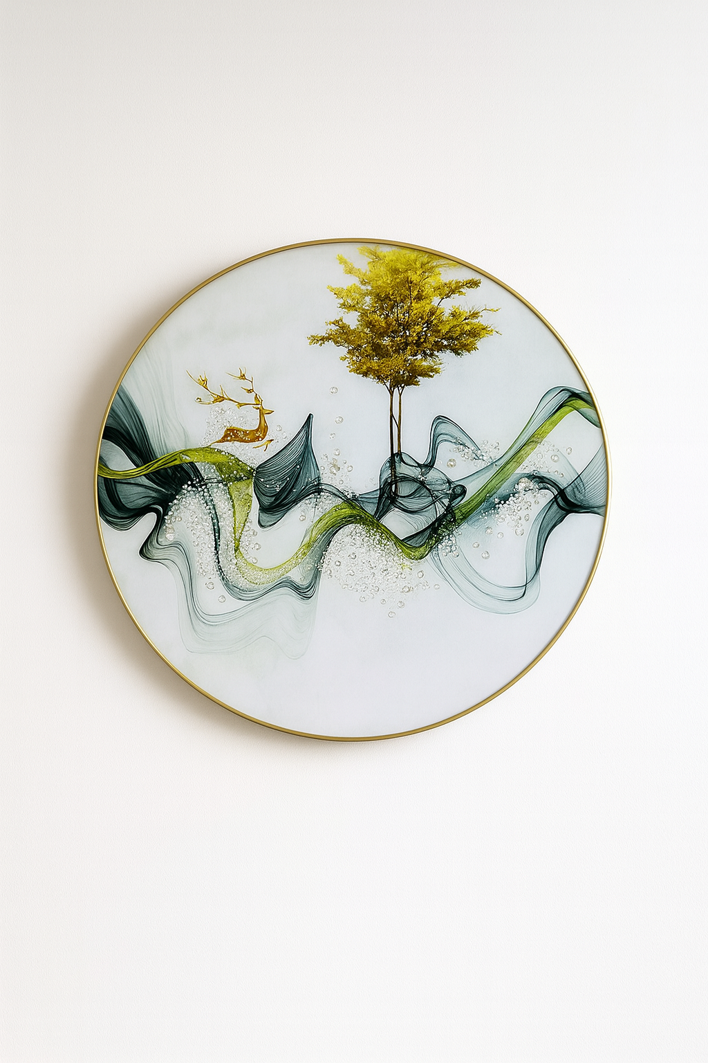 Minimalist Flowing Line Art with Golden Tree and Deer